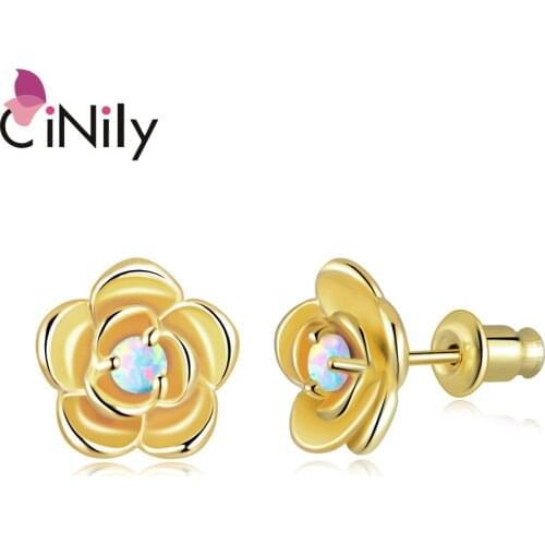 CiNily Rose White Fire Opal Yellow Gold Women Zircon Jewelry Stud Earrings OH4778-80