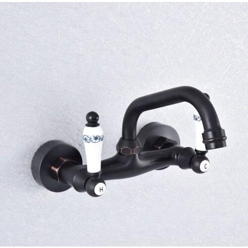 Basin Faucets Oil Rubbed Bronze Wall Mounted Kitchen Bathroom Sink Faucet Dual Handle Swivel Spout Hot Cold Water Tap Nsf759