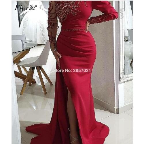 Arabic Red Formal Evening Dresses Long Sleeves Mermaid Evening Gowns Beading Elegant Prom Dresses Turkish Couture Robe De Soiree