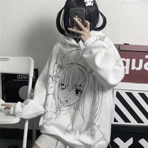 Spring Hoodie Girls Korean Ins Harajuku Cartoon Print Sweatshirt WomenS Loose All-Match Long Sleeve Plus Fleece Hooded Pullover