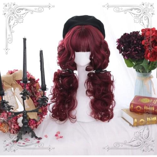 High Quality Lolita Crimson Air Bangs Mid-Length Wool Curly Hair Wig Cosplay Party