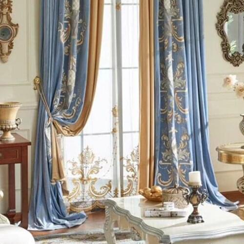 Custom curtains High-quality European embroidered velvet thick duplex blue cloth blackout curtain tulle valance drape C129
