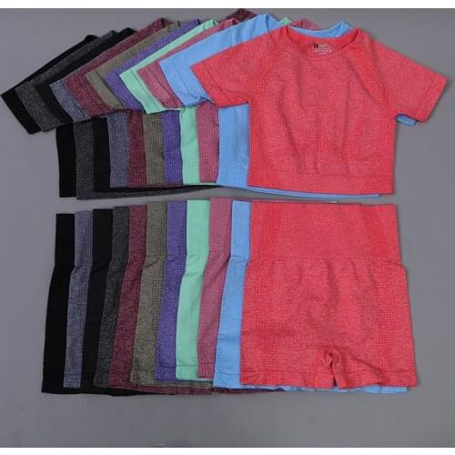 Women Short Sleeve Crop Tops Fitness Shorts Sports Vital Seamless Gym Set Workout Clothes Wear Gym Clothing 2Pcs Yoga Sport Suit