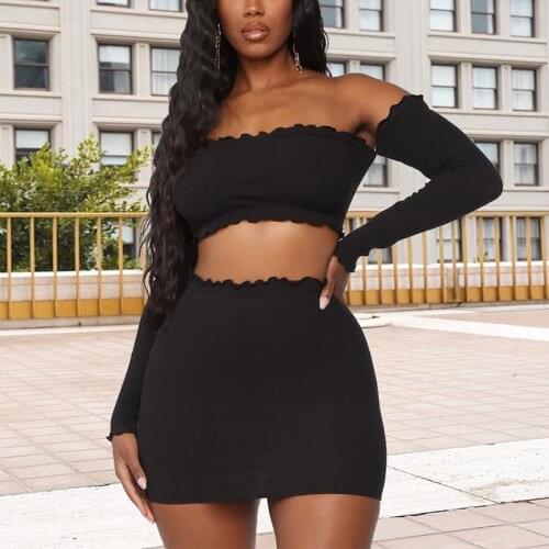 Solid color 2 Piece Skirts Sets Women sexy Off Shoulder Long Sleeve Short Top & Bodycon Mini Skirts