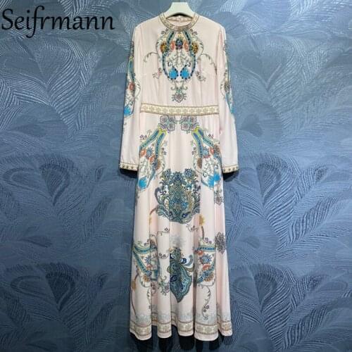 Seifrmann New 2021 Summer Women Fashion Designer Maxi Dress Lantern Sleeve Gorgeous Crystal Beading Vintage Print Long Dresses