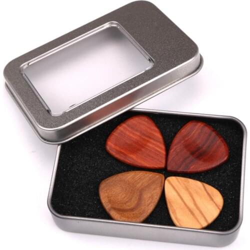 4Pcs/Set Wooden Plectrums Picks Guitar Bass Banjo Accessory with Storage Case