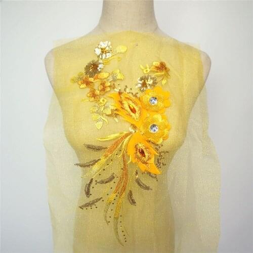 40CM Yellow Sequins 3D Flowers Tassel Lace Trims Rhinestone Mesh Sew On Patches Embroidery For Wedding Appliques Decoration DIY