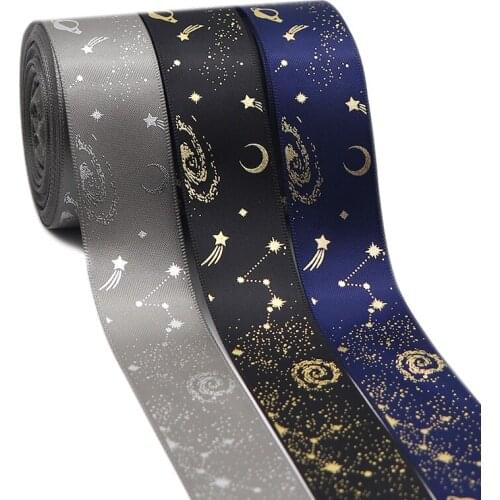10 Yards 1" 25MM Satin Ribbon Hot Stamping Gold And Silver Starry Sky Series Printed Bow Ribbon DIY Crafts Handmade Accessories