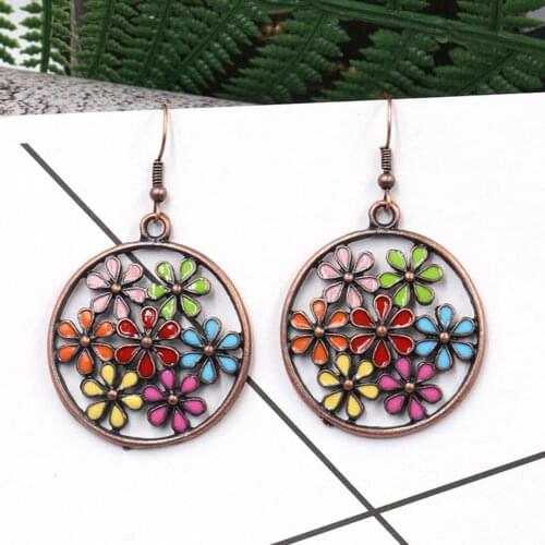 Bohemian Exquisite Colorful Flower Big Round Charm Statement Hook Earrings Women Jewelry