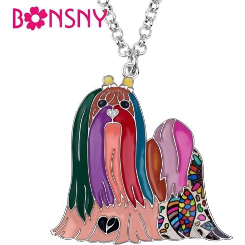 Bonsny Enamel Alloy Maltese Dog Necklace Pendant Chain Collar Cartoon Animal Pets Jewelry For Women Girls Teens Gift Accessories