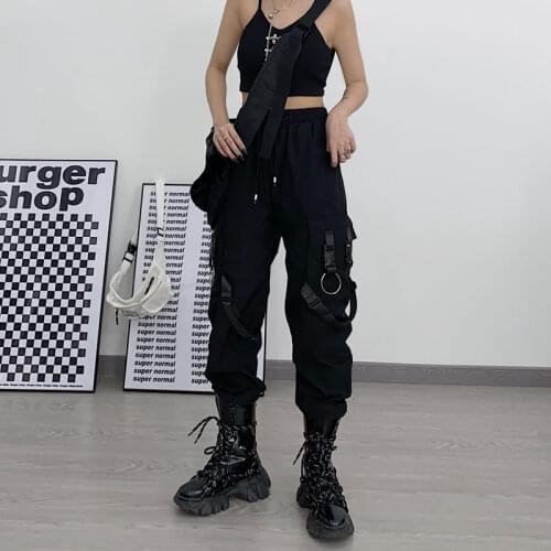 QWEEK Techwear Gothic Black Cargo Pants Women Punk Streetwear Hip Hop Joggers Harajuku High Waist Ribbon Loose Female Trousers