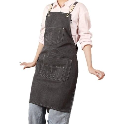 Denim Work Apron with 10 Pockets 1 Tool Ring Back Cross Workshop Apron for Men Carpenters Barber Chef Waiter Artists