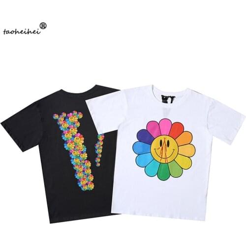 Men t VLONE shirt 100% cotton streetwear Womens T-shirt USA summer Short sleeve brand hip hop Sun flower Smiley Smile face