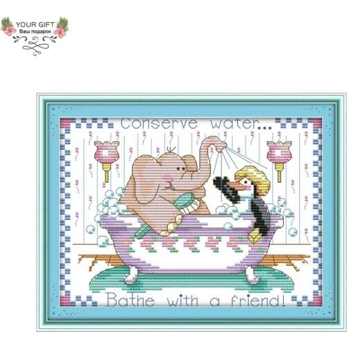 Joy Sunday C065 Counted and Stamped Home Decoration Bath With Friend Penguin Elephant Cross Stitch Needlepoint Kids Toys