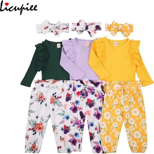 Girls 3pcs Romper Set, Long Fly Sleeve Triangle Crotch Top with Floral Printed Long Pants and Bow Hairband 0-18 Months