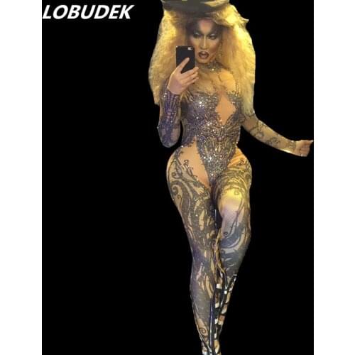 Female Nightclub DJ DS Costume Spandex Printing Elastic Rhinestones Jumpsuit Bar Party Show Dancer Pole Dancing Stage Outfit