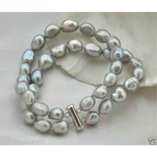 Beautiful 2 Strands 8-9mm Baroque Gray Freshwater Pearl Bracelet 7.5"