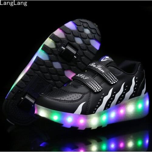2020 LED Light Sneakers with Double TWO Wheel Boy Girl Roller Skate Casual Shoe with Roller Girl Zapatillas Black White