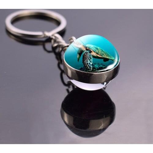 Sea Turtle Keychain Glass Ball Pendant Ocean Animal Keychain Keyring Stainless Steel Key Ring Turtle Jewelry FKG