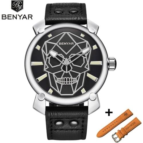 BENYAR New Gold Skull Simple Watch Mens Set Luxury Fashion Leather Quartz Wristwatch Men Military Clock Relogio Masculino