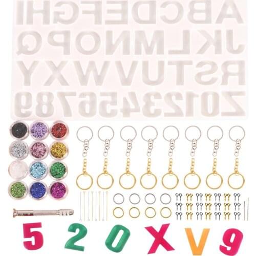 186Pcs Keychain Making Tools Set Number Letter Resin Silicone Mold Key Rings Jump Rings Twist Drill Glitter Sequins Jewelry Tool