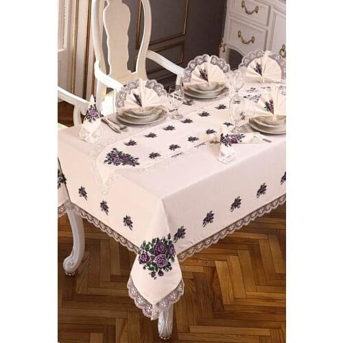 Cross stitch Printed Laced Four Rose Table Cover Set 18 Piece Lilac