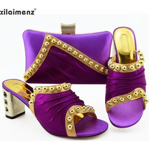 2019 Newest style purple African shoes and bag set high heels Italian slipper with matching bag best selling for ladies wedding