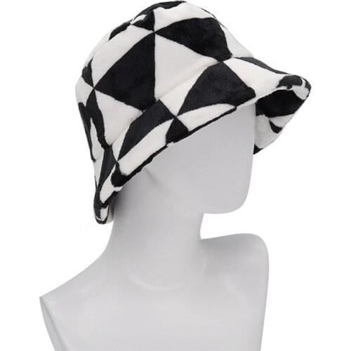 New Mens And Womens Autumn And Winter Plush Fishermans Hat Warm hat Geometric Pattern Black And White