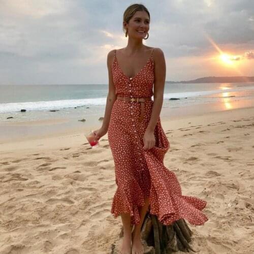Women Dress Boho Maxi Girls Summer Ruffles Sweet Polka Dot Print Long Sexy Ladies Beach Sundress Hot Sale V-Neck Clothes