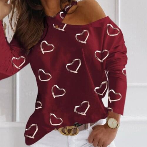 Sexy One Off Shoulder Women Sweatshirt Harajuku Streetwear Heart Printed Long Sleeves Loose Pullover Sweatshirts Sudaderas A40