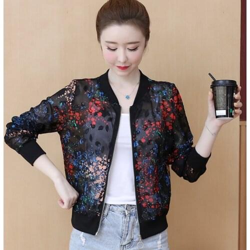 Printed Chiffon Floral Sun Protection WomenS Clothes Spring Summer Zipper Baseball Jacket Windbreaker Coat Vetement Femme 2021