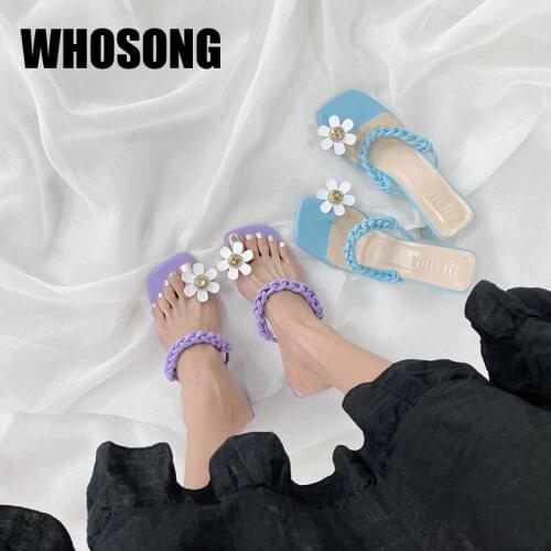 New Women Slippers Woman Flower Slides Ladies Outside Shoes Girls Thick Heels Female Purple Brand Slides Zapatos De Mujer 2020