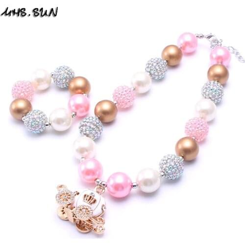 MHS.SUN 2sets Pumpkin Carriage Kid Chunky Necklace Jewelry Set Princess Children Bubblegum Bead Chunky Necklace&Bracelet Set