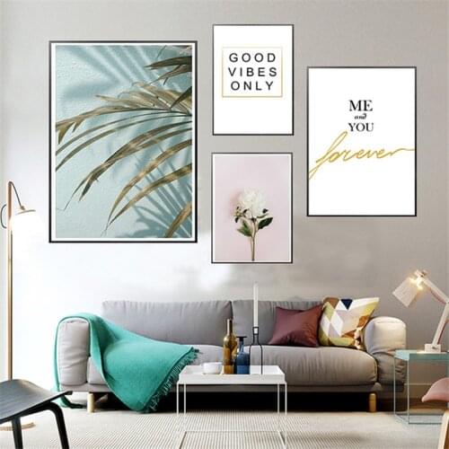 Spray Color Plant Leaves Flower Landscape House Yellow Letters Canvas Nordic Painting Wall Picture Poster Living Room Decoration