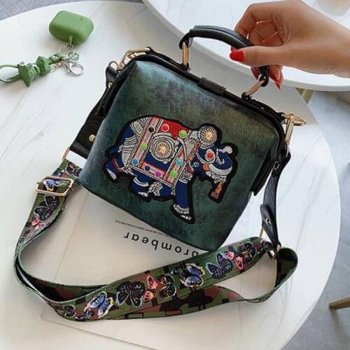 Elephant Embroidery Shoulder Bag Women Vintage PU Leather Crossbody Bag Wide Strap Handbag Advanced Bucket Bag Lady Purse sac