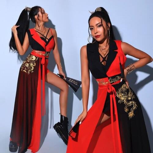 Chinese Style Gogo Dancer Costume Women Jazz Dancewear Festival Clothing Red Dancer Outfit Hip-Hop Clothes Stage Costume DL8407