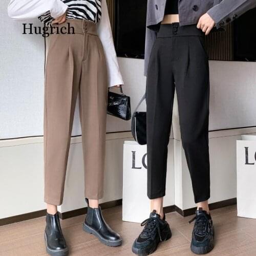 2021 Tweed Pants for Grils Autumn Winter High Waist Loose and Thin Tight Feet Harlem Pants