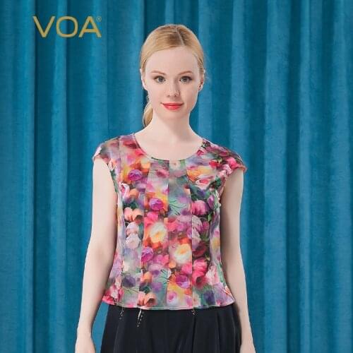 VOA Printed Silk O-Neck Tops B3706 Multi-color Optional Slim Micro-elastic Skin-friendly Wild T-shirt B3706 Graphic T Shirts