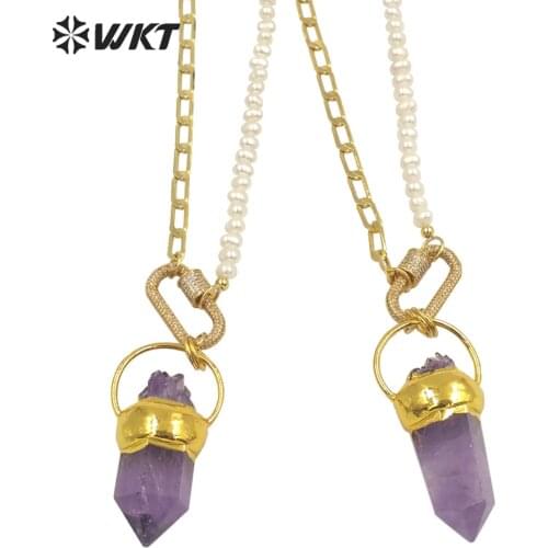 WT-N1303 WKT New design Wholesale fashion gold electroplated precious Healing Amethysts pendant necklace wowen stone necklace