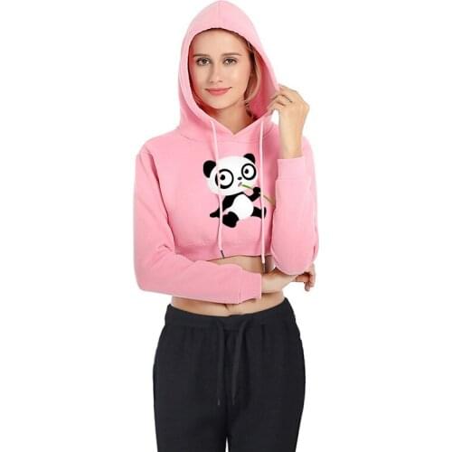 Y2k Pure Color Panda Printing Hoodie Cropped Long Sleeve Various Top Fashion Summer And Autumn Women Pullover
