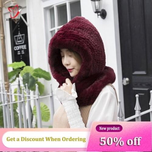 Womens hat, new style, knitted genuine rabbit fur, hooded hat, scarf, women winter hat, hat, warmth, real fur, neck hat, scarf