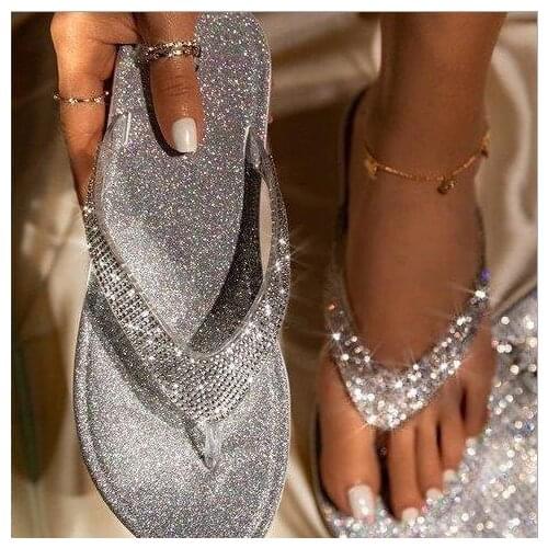 2021 New Fashion Womens Slipper Casual Womens Rhinestone Glitter Flat Slippers Slip on Sandals Beach Summer Flip Flops