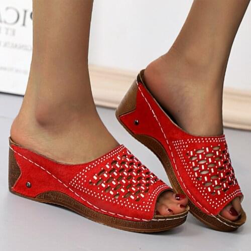 Women Crystal Wedges Hollow Out Slippers Woman Peep Toe Sewing Shoes Female Solid Out Door Ladies Summer Big Size Footwear