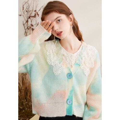 Fashion 11.24 Autumn Winter Tie-dye Print Mohair Knit Cardigan Women Loose Casual Comfortable Keep Warm Short Sweater