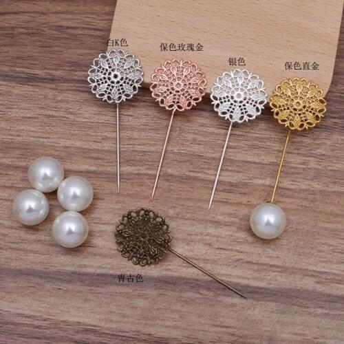 100pcs 25mm Flower Bezel Blank Brooch Base Safety Scarf Pin Simulated Pearl Backs Muslim Hijab Pins Brooches BPB6