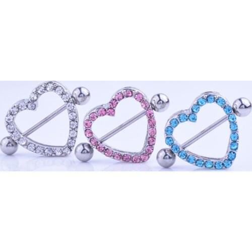 2Pcs Sexy White Pink Blue Crystal Heart Nipple Rings Bar Stainless Steel Women Body Jewelry Barbell Nipple Piercing Pircing 14G