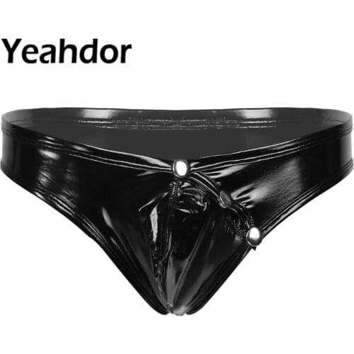 2020 Sexy Men Briefs Faux Patent Leather Lingerie Front Button Metallic Look Low Waist Triangle Underwear Underpants Panties