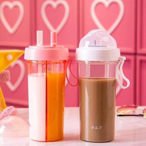 420/600ml Kawaii Double Straw Water Bottles Creative Lovers Drink Cup for Girls Portable Sports Plastic Water Bottle with straws