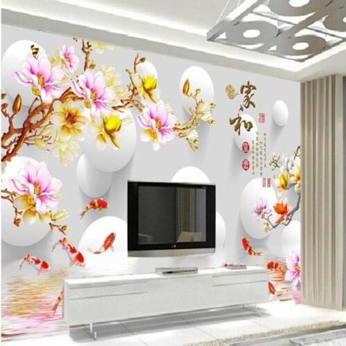 Beibehang Large custom 3D stereo home and rich nine fish chart Chinese TV living room background wall