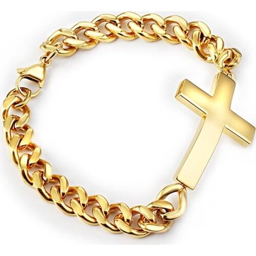 Gold Curb Cuban Bracelet Link Chain Cross Bracelets Bangle for Men Women 316L Stainless Steel No Fade Jewelry Accesories